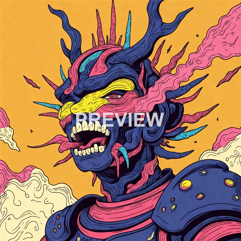 A vibrant, stylized illustration of a fierce, monstrous creature with a wolf-like face, sharp teeth, and flowing, spiky hair, set against a yellow background with pink and blue accents.